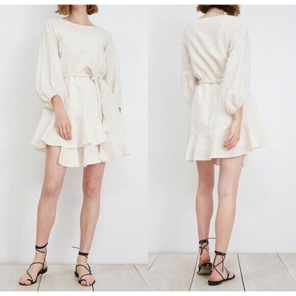 Apiece Apart Womens 4 Sabine Mini Ivory Linen Cotton Dress Long Sleeve Rope Belt - Picture 1 of 12